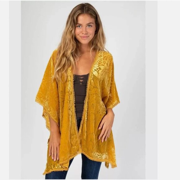 NATURAL LIFE Tops - Natural Life Burnout Velvet Open Kimono Top Golden Yellow Boho Fairy Festival